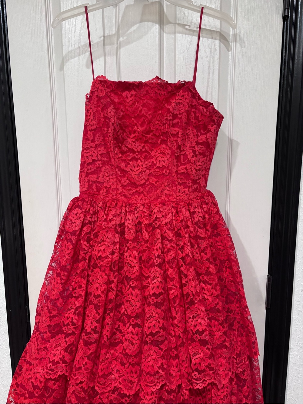 Vintage 1950s Red Lace Ball Gown XS 24” Waist Metal Zipper Formal Dress